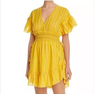 Saylor Size Small Yellow Metallic Stripe Adrianne Ruffle-Sleeve Mini Dress EUC